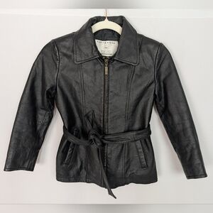 Kids Black Genuine Leather Belted Jacket